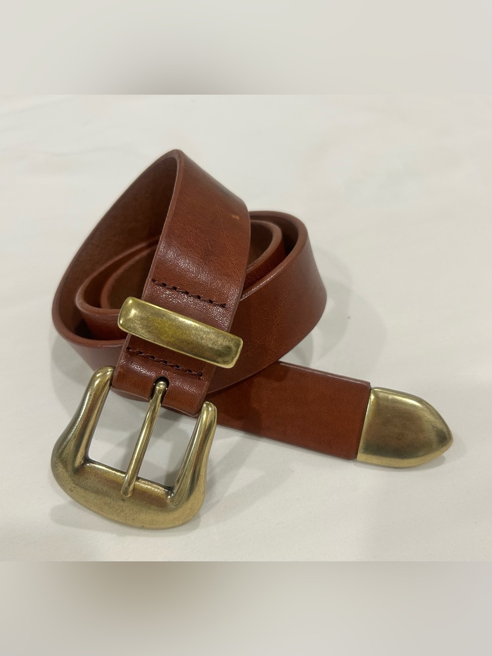 BRAVE BELTWORKS Brass Buckle Cognac Leather Belt Woman Sz 28 Western